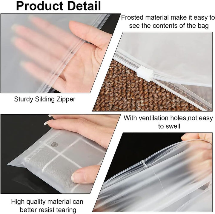 Space-saving 40-pack frosted resealable zip bags. Ideal clothing organizer & travel packing solution with vents.