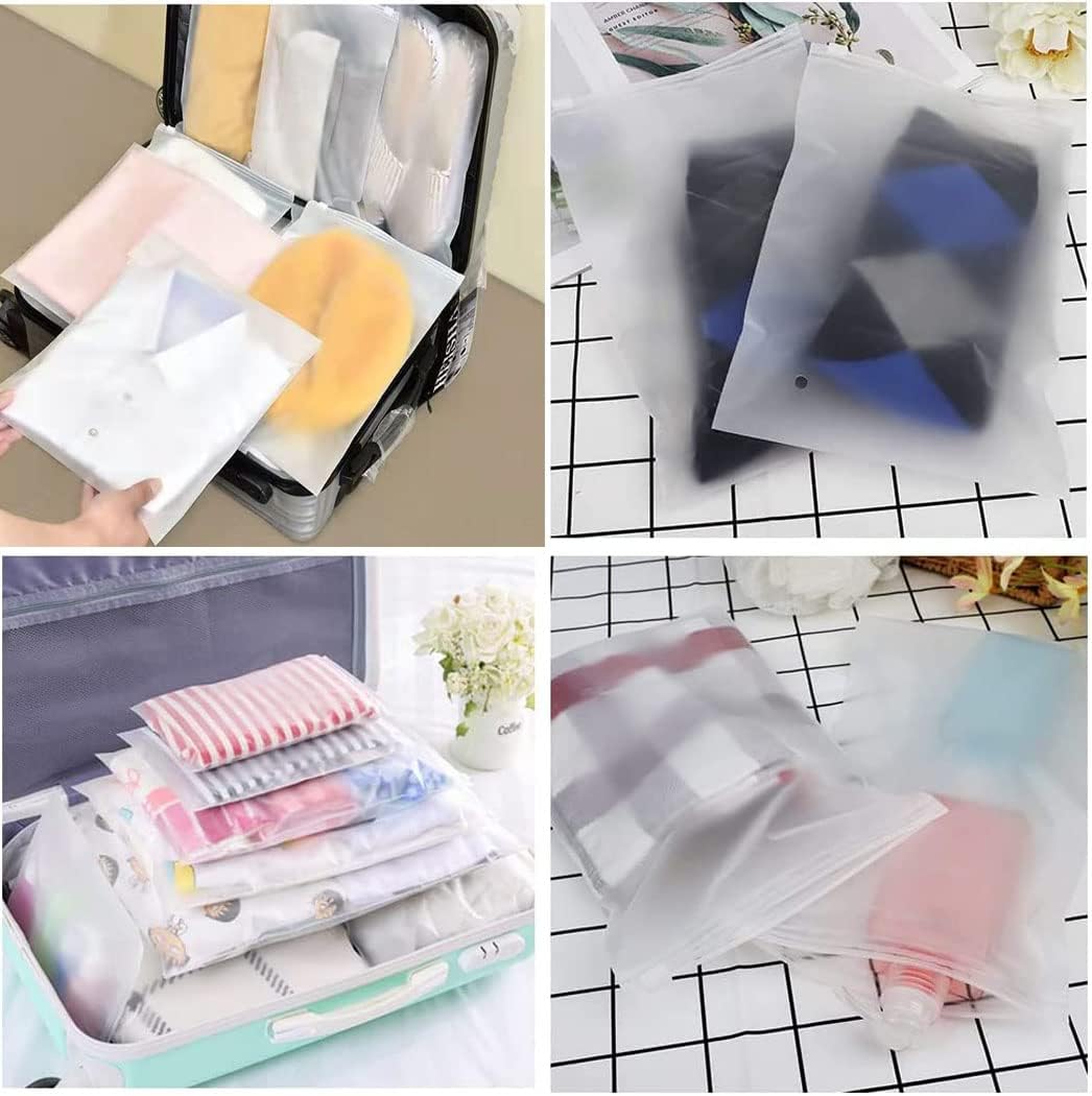 Bulk 40-pack frosted resealable zip bags with vent holes. Excellent for clothing storage, organizing, & travel.