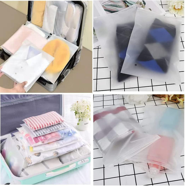 Bulk 40-pack frosted resealable zip bags with vent holes. Excellent for clothing storage, organizing, & travel.