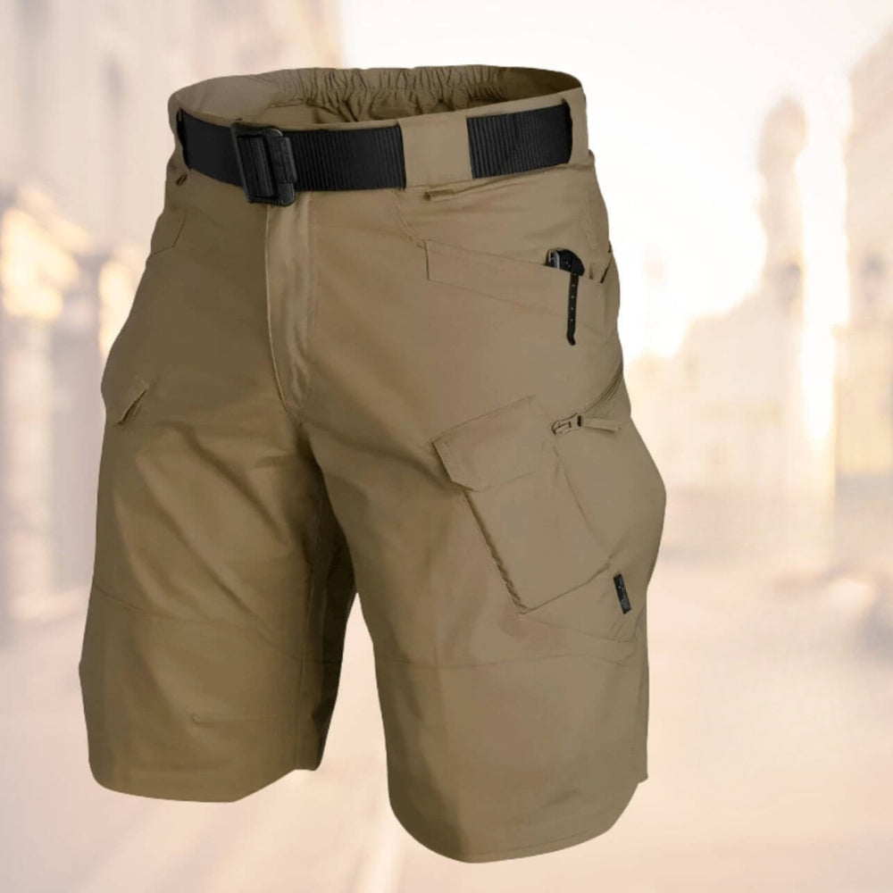 Men's summer cargo shorts, multi-pocket utility design in grey, versatile for adventure & casual comfort.