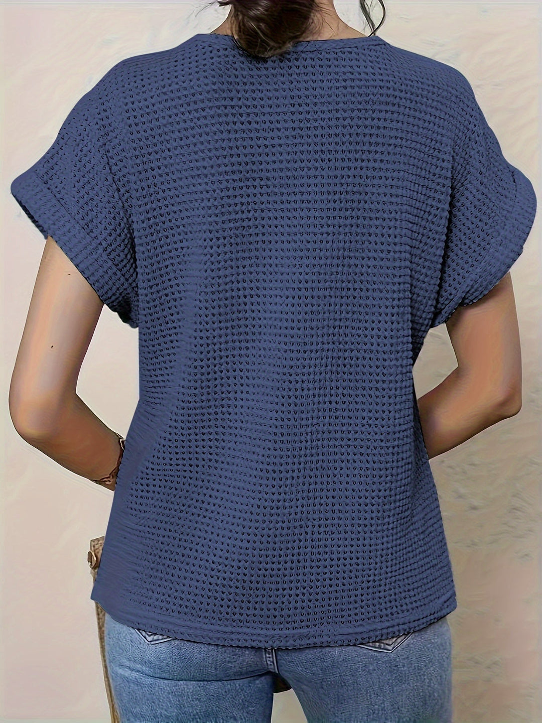 Women's everyday style crochet blouse, comfortable short sleeve and round neck design, perfect for casual elegance.