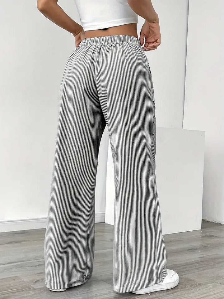 Women's versatile wide leg pants, elegant stripes, drawstring comfort.