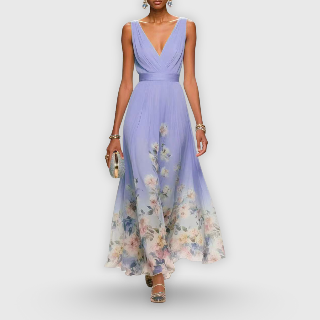 Stylish purple floral sleeveless women's midi dress, an elegant choice for summer day wear or versatile occasions.