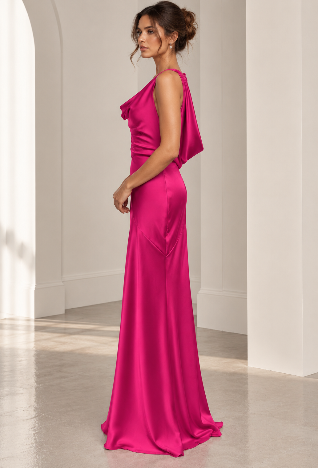 Fuchsia maxi wedding guest dress for women with a flattering cowl neck, suitable for summer events & evening wear.