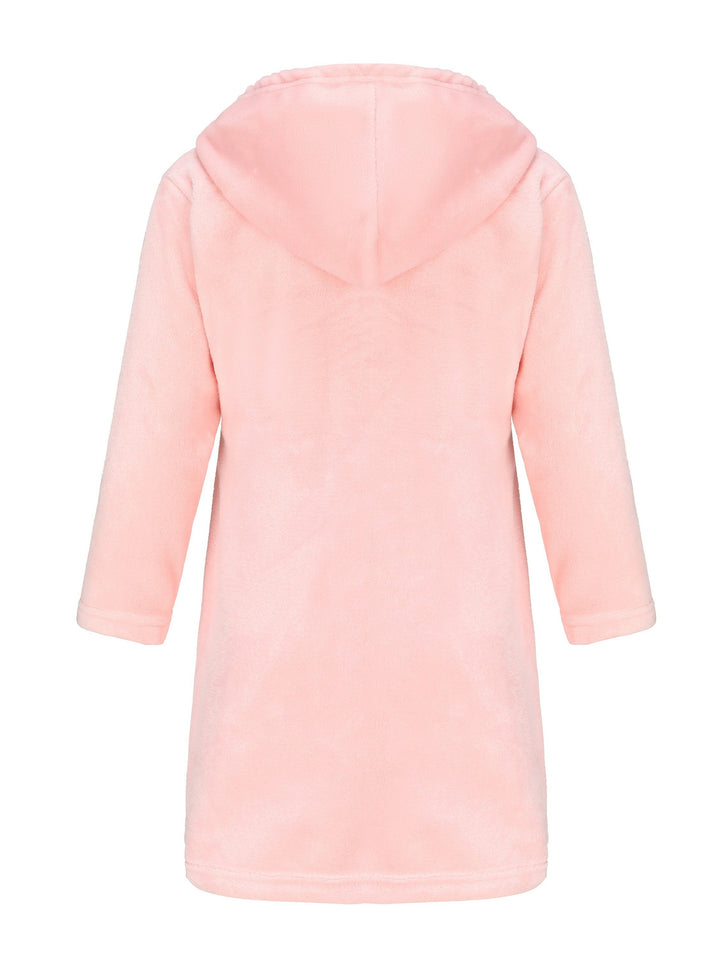 Navy blue hooded fleece bathrobe for kids, a comfy and warm choice for post-bath relaxation.