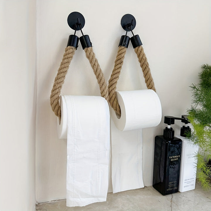 Bathroom accessory: stylish hemp rope toilet paper holder, wall mounted for rustic charm.