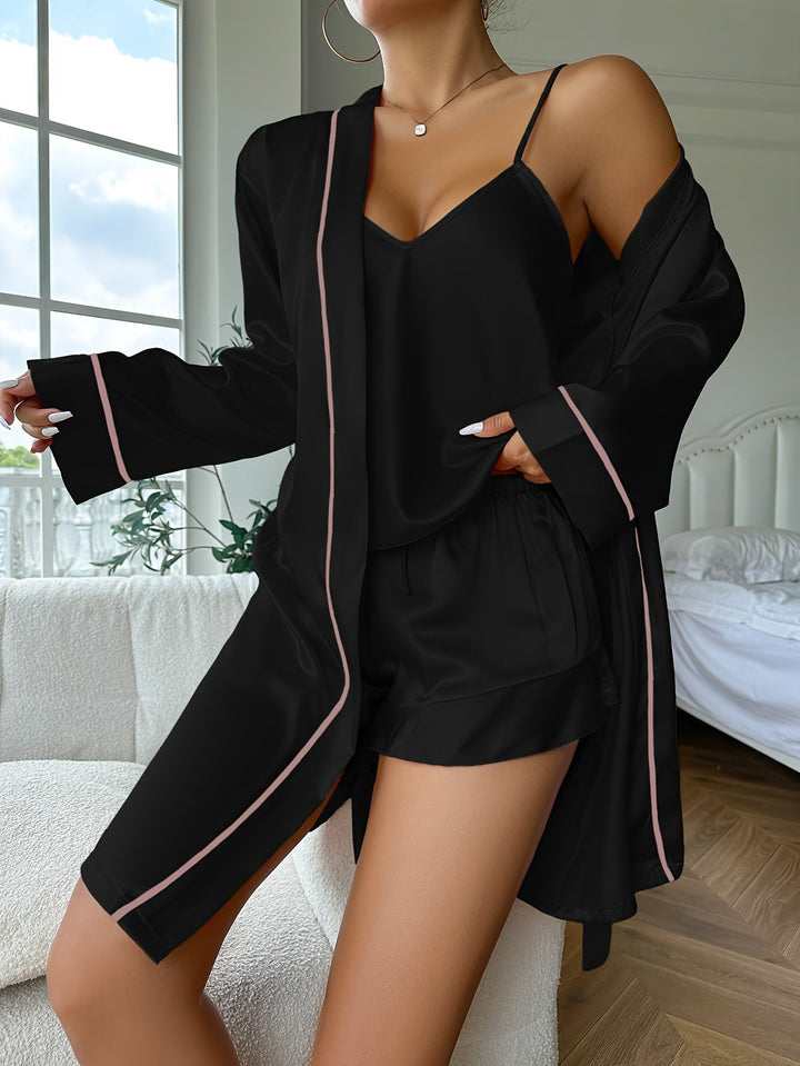 Detail of the soft V-neckline on a women's solid pajama top & matching shorts.