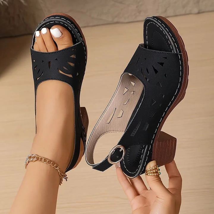 Tan women's comfortable ankle strap block heel sandals, stylish open toe summer shoes for everyday wear.