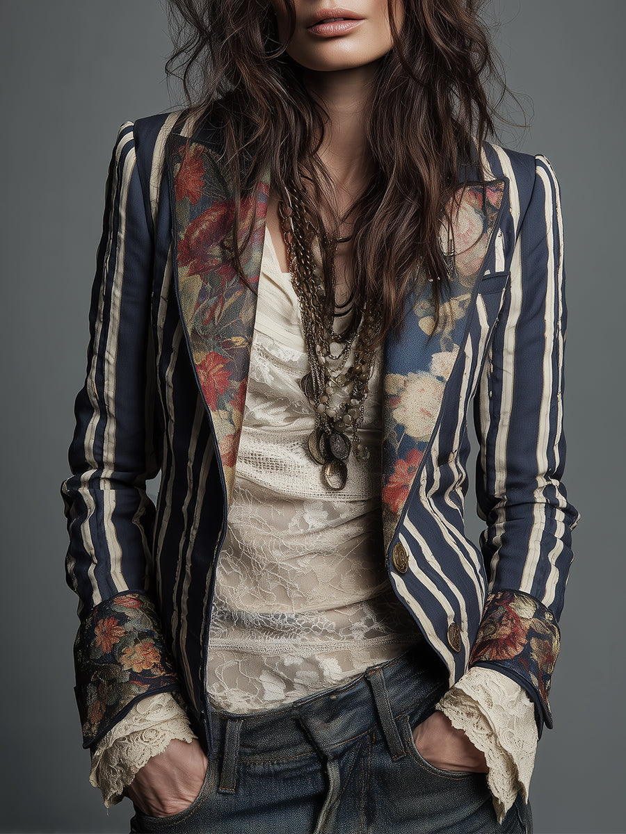 Women's retro bohemian striped blazer for effortless chic style.