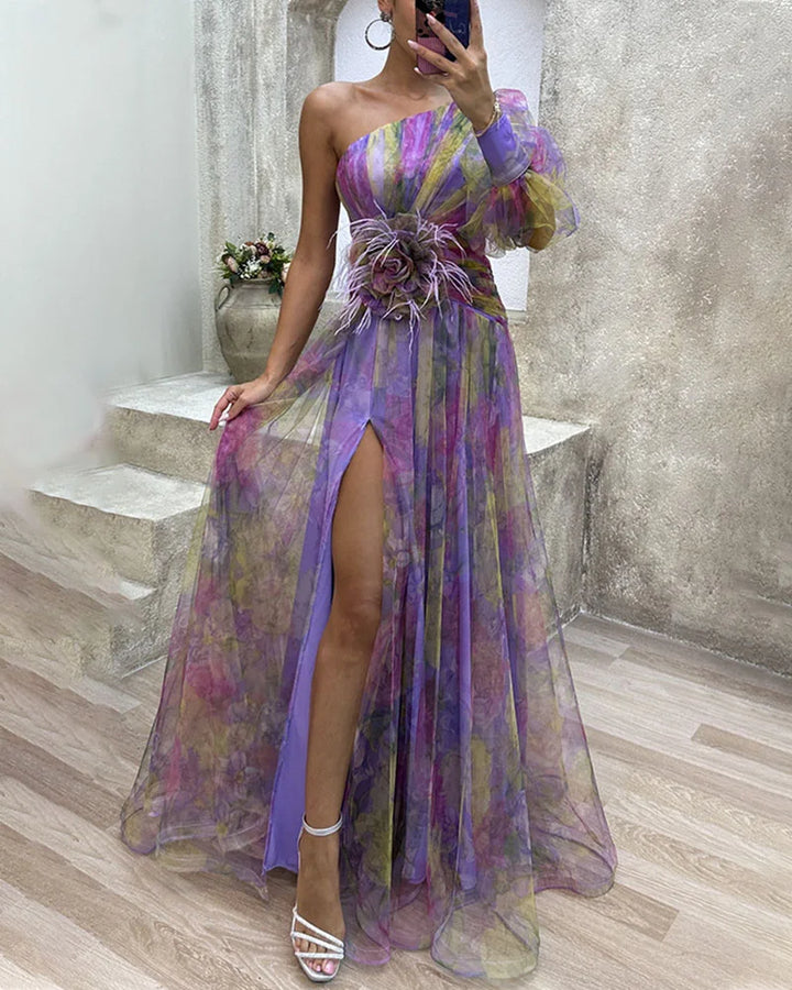 Elegant one-sleeve maxi dress for wedding guests. V-neck formal occasion wear evening gown.