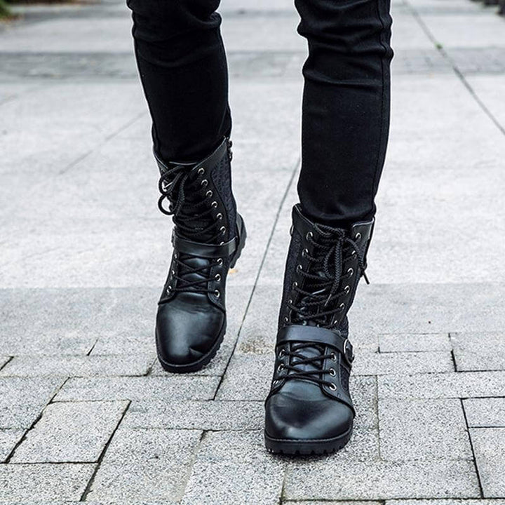 Men's PU Leather Lace-Up Boots with Buckle
