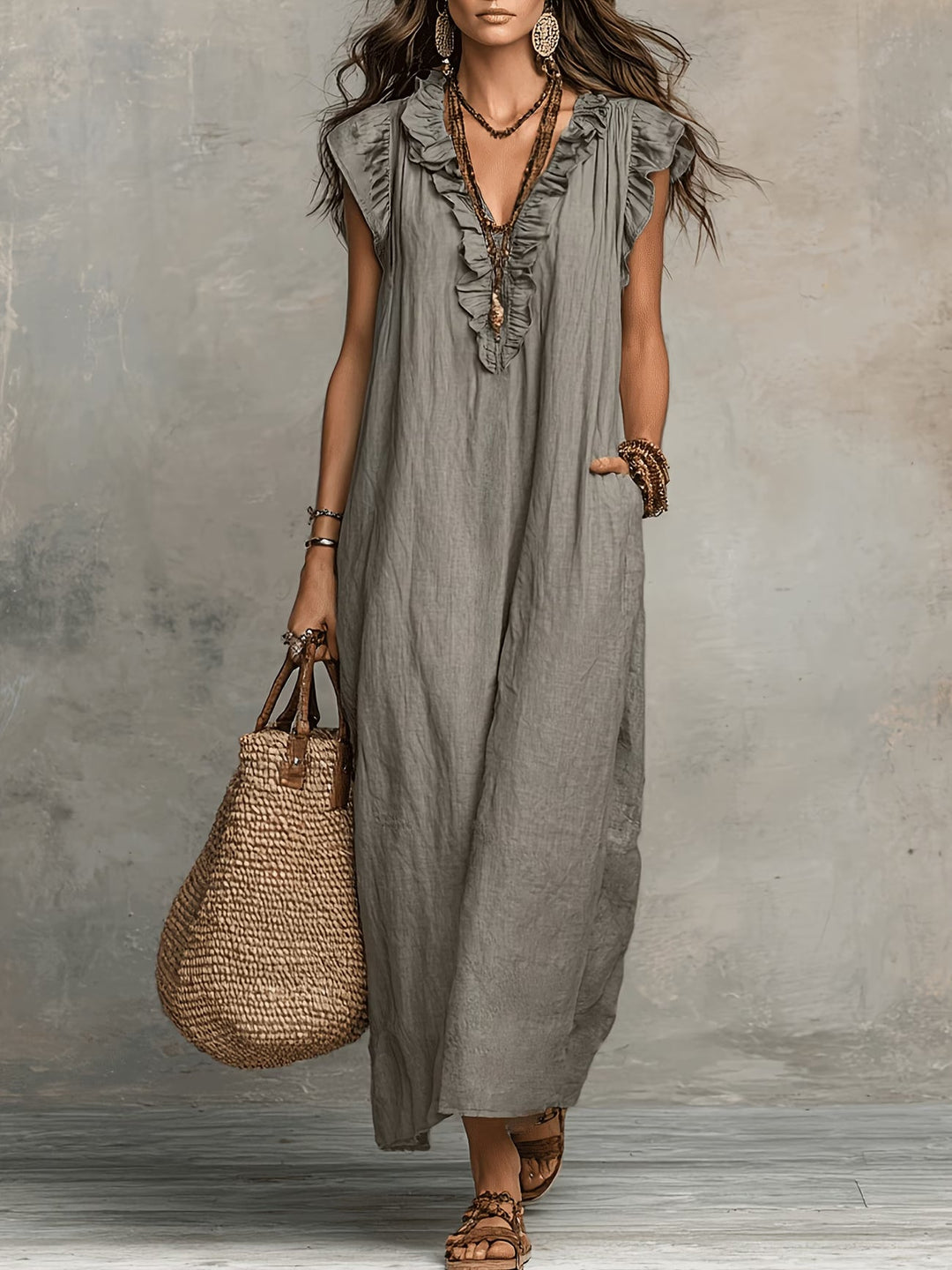Comfortable Women's Nola Ruffle Sleeveless Dress. Feminine A-line midi dress, ideal for elegant day or summer wear.