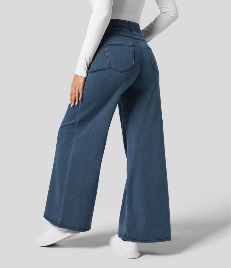 Light blue women's pull-on high-waisted wide-leg stretch trousers for everyday fashion.