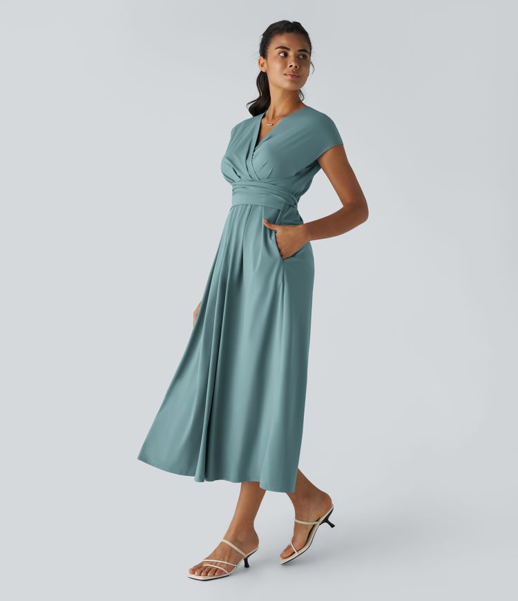 Chic women's V-neck wrap midi dress with short sleeves. Elegant high-waist design for versatile, all-season style. [[lstfy-media:10]]
