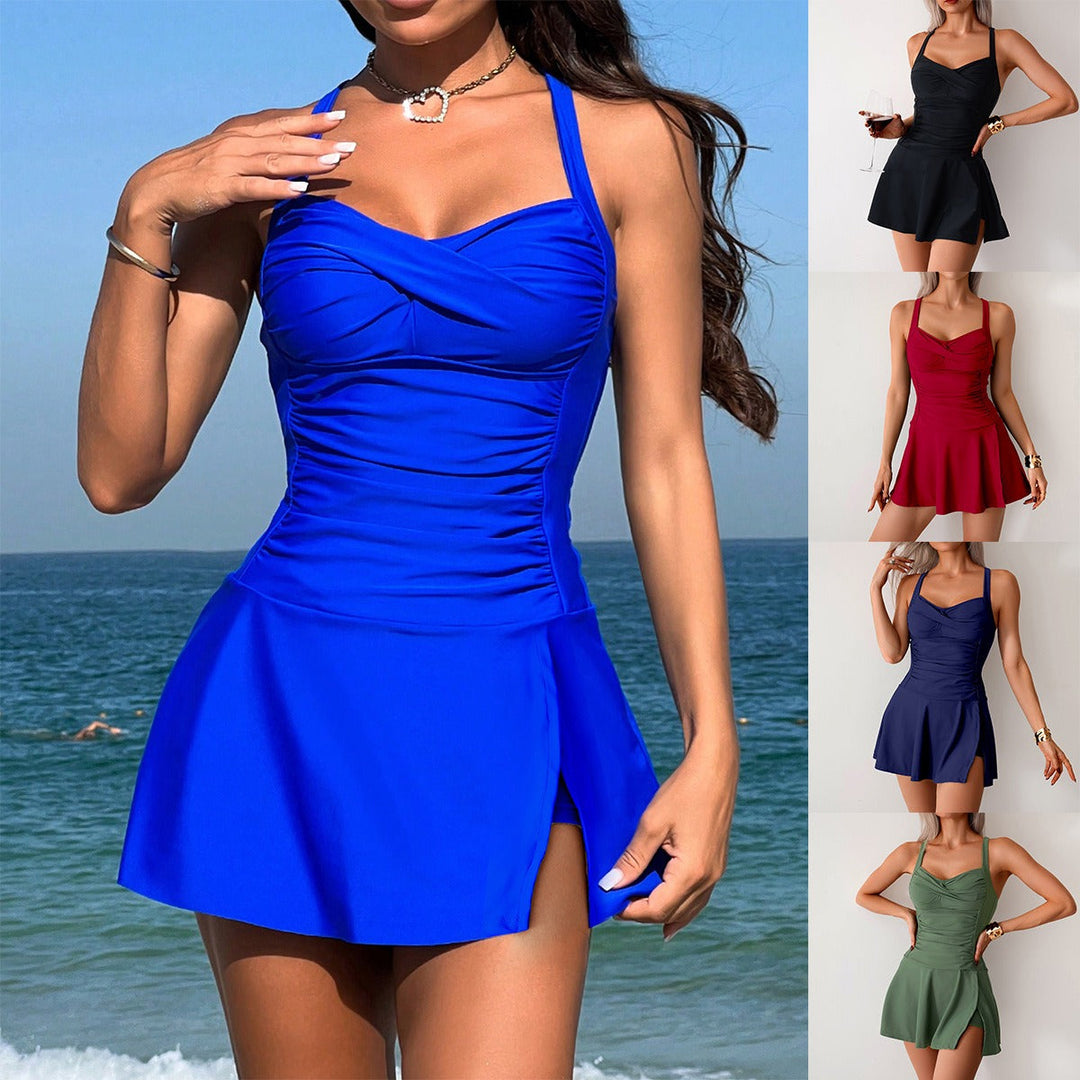 Women's alluring split skirt swimsuit for confident summer beach style.