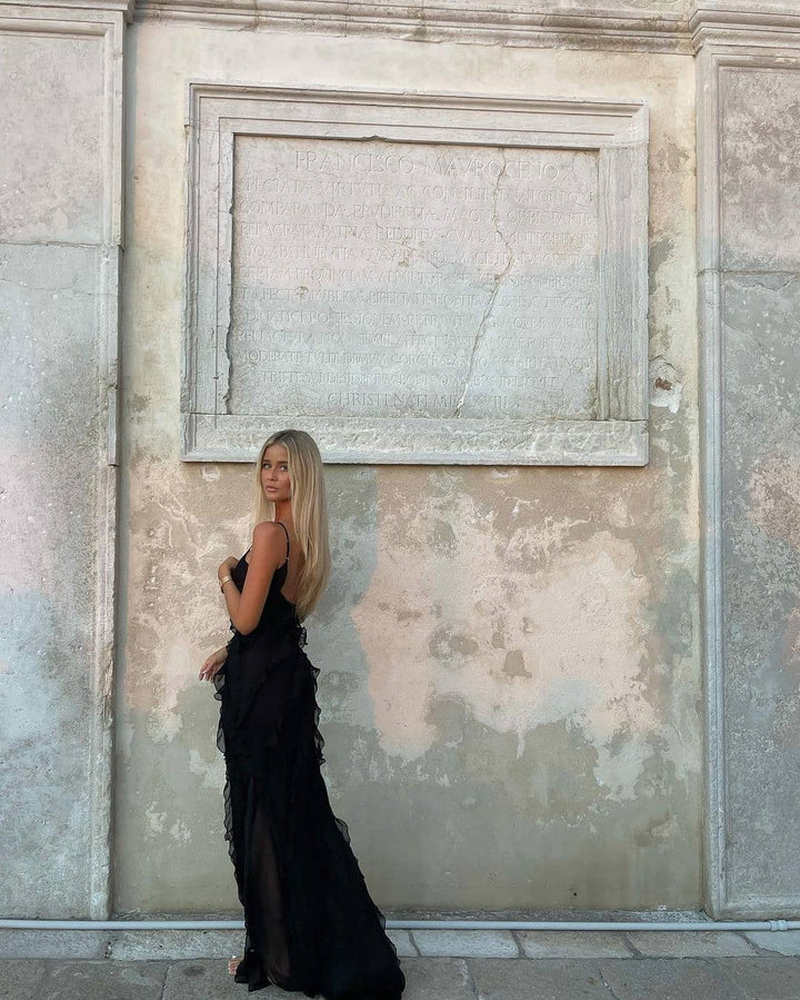 Beautiful women's ruffled maxi dress, a sophisticated party choice for any special event.