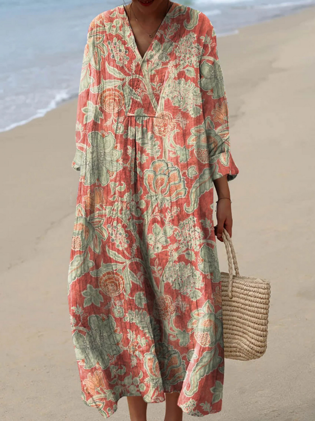 Elegant women's vintage floral print long sleeve midi dress for spring fashion. Comfortable, flowing & smart casual.