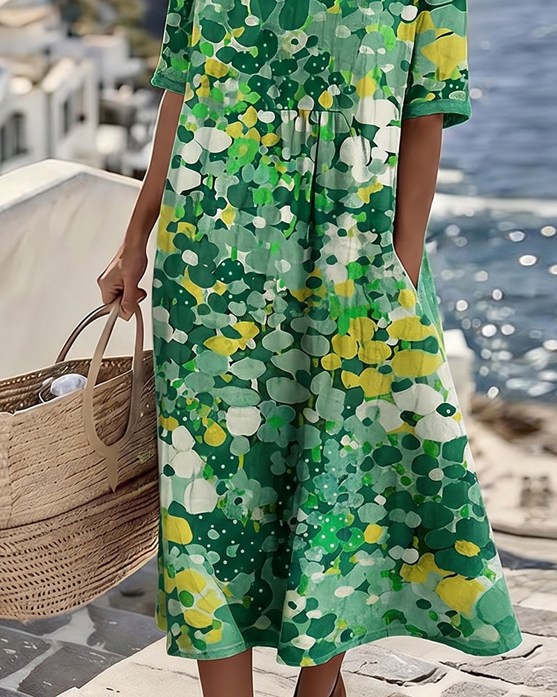 Vibrant floral print A-line midi dress for women, airy fabric, perfect for spring & summer style.