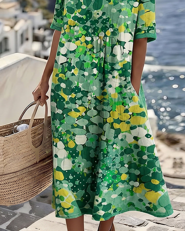 Vibrant floral print A-line midi dress for women, airy fabric, perfect for spring & summer style.