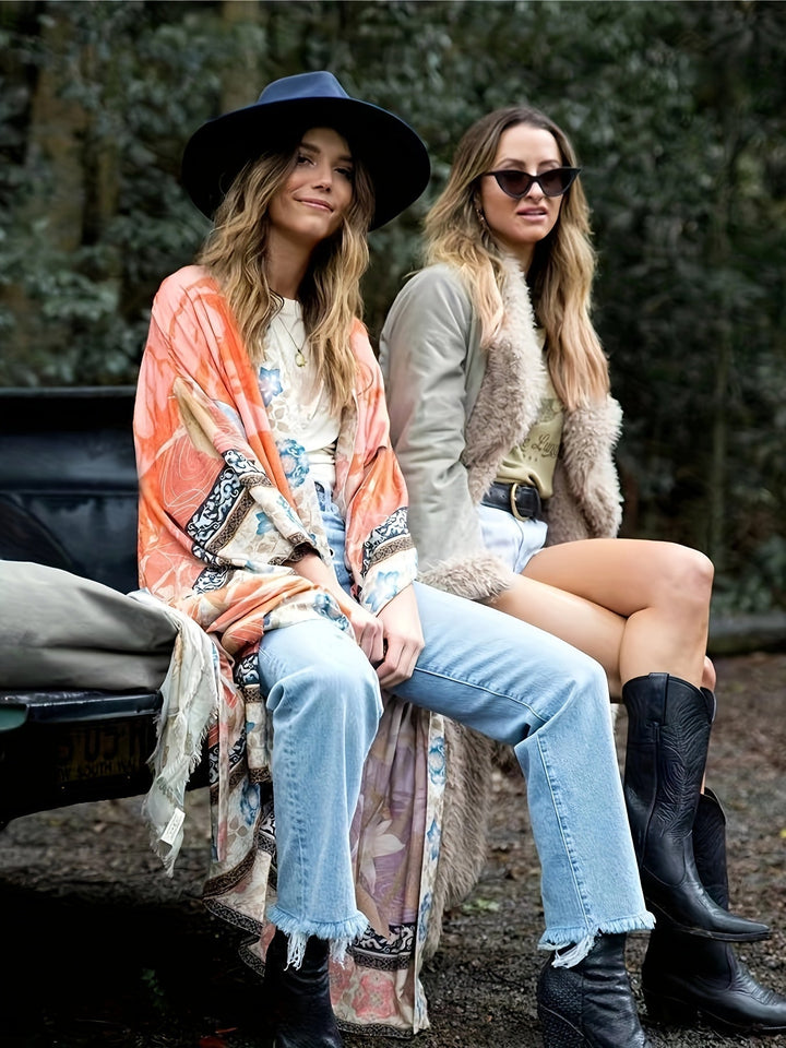 Elegant women's floral kimono cardigan, perfect lightweight outerwear for summer and spring style.