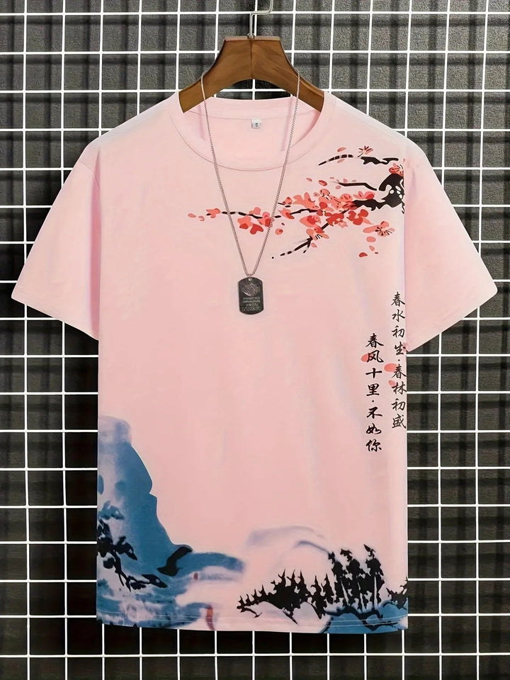Breathable men's summer top, short sleeve floral wave graphic tee for ultimate comfort and style.