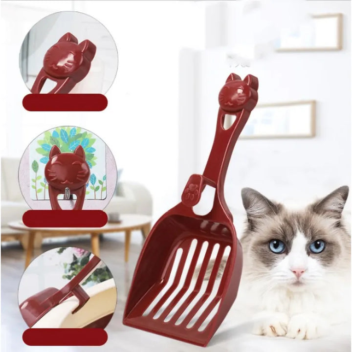 Durable plastic cat litter scoop with unique cat head design for hygienic pet waste cleanup.