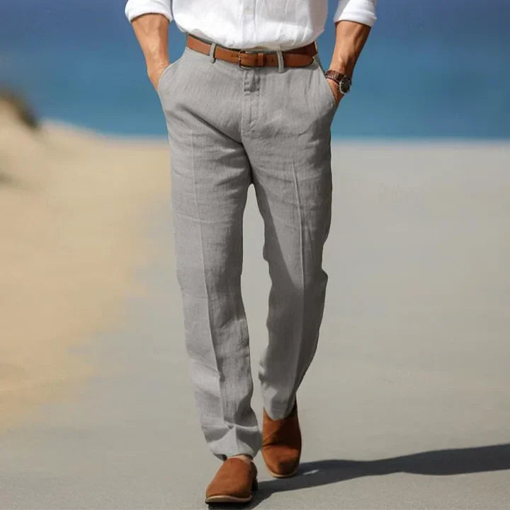 Comfortable polyester men's slim fit trousers, tailored for a smart casual summer look.