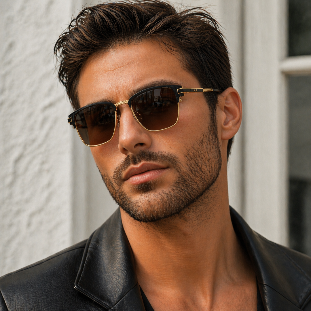 Men's square frame sunglasses with sleek metal trim and dark lenses, perfect fashion accessory.