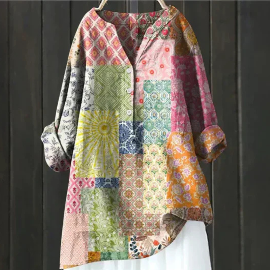 Boho chic women's floral long sleeve blouse, a versatile V-neck top offering comfort for spring & summer.