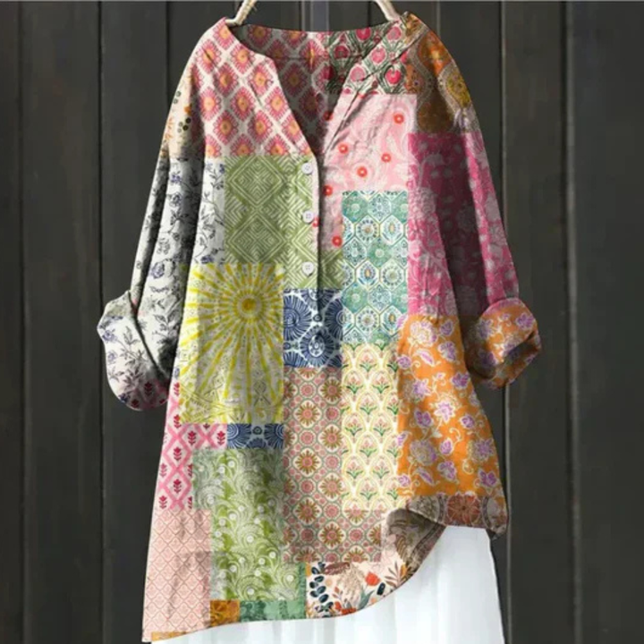 Boho chic women's floral long sleeve blouse, a versatile V-neck top offering comfort for spring & summer.