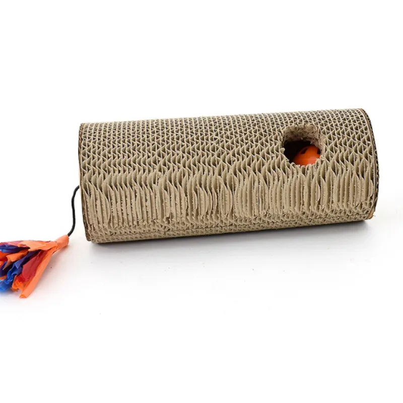 Cardboard cat scratch roll, interactive toy with fringes. Protects furniture, promotes healthy claw care for cats.