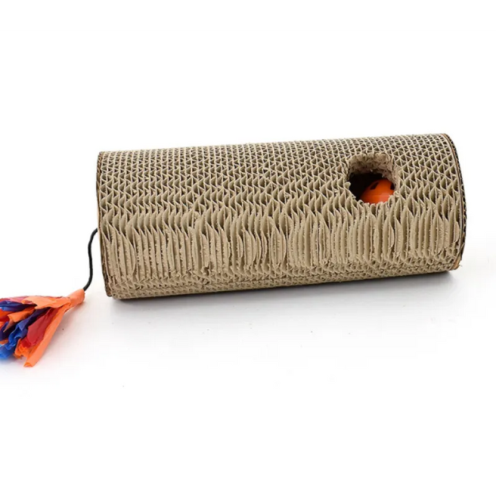 Cardboard cat scratch roll, interactive toy with fringes. Protects furniture, promotes healthy claw care for cats.