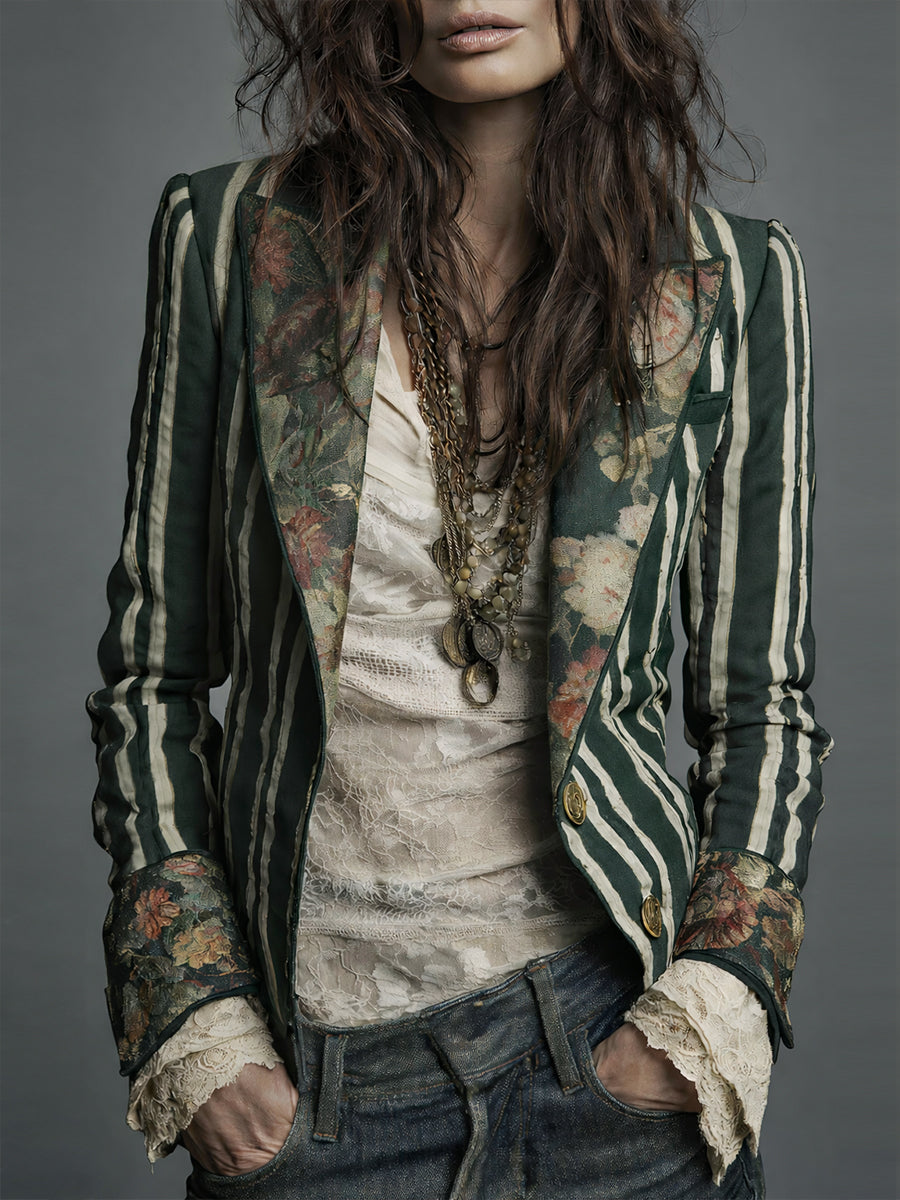 Versatile women's striped blazer, ideal for layering a bohemian retro fashion statement.