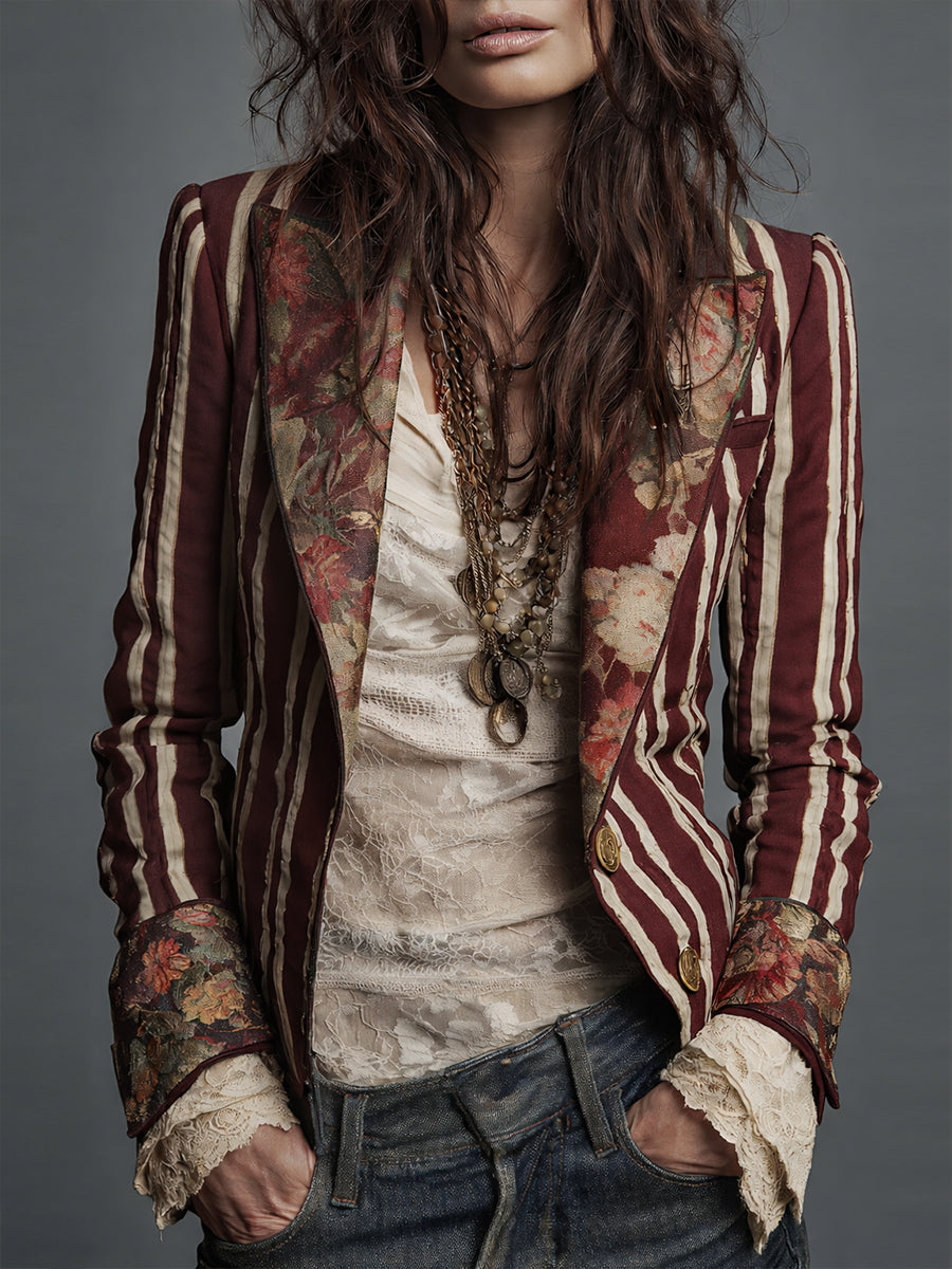 Elegant women's striped blazer, blending retro vibes with modern bohemian style.