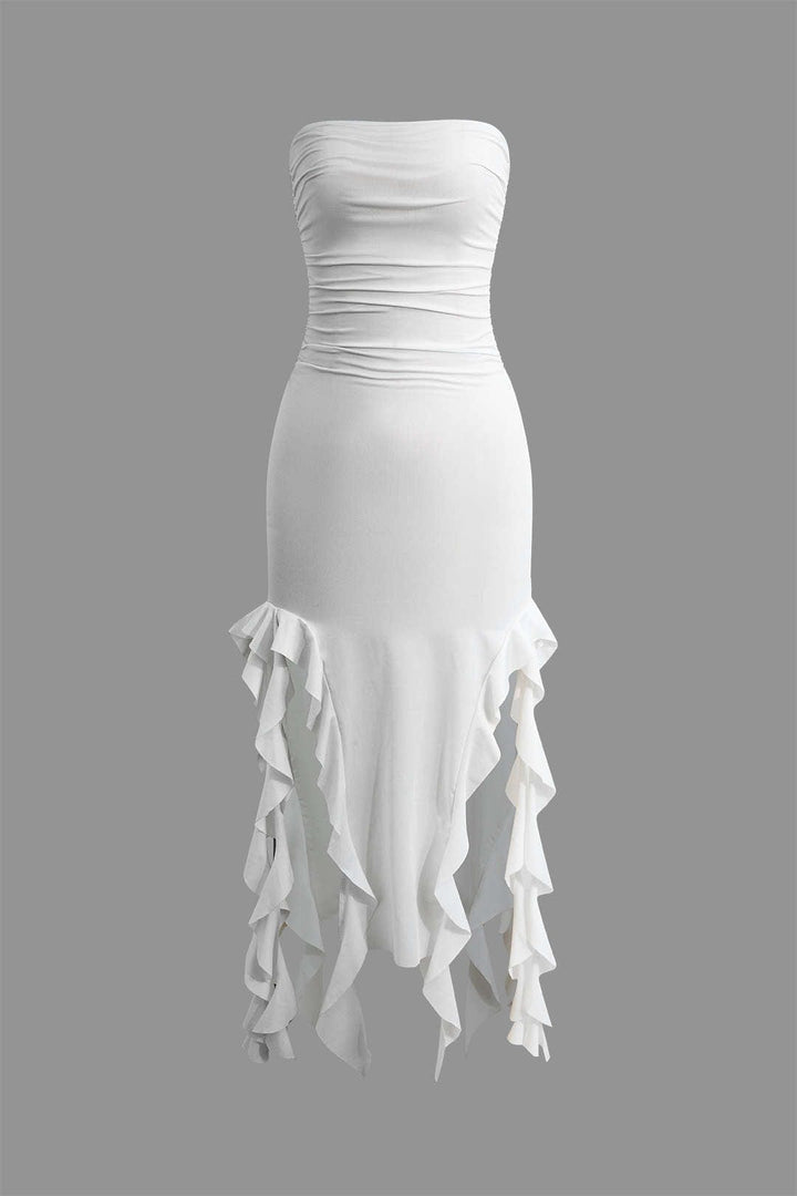 Party-ready strapless bodycon dress for women, stylish midi length and fringe detail.