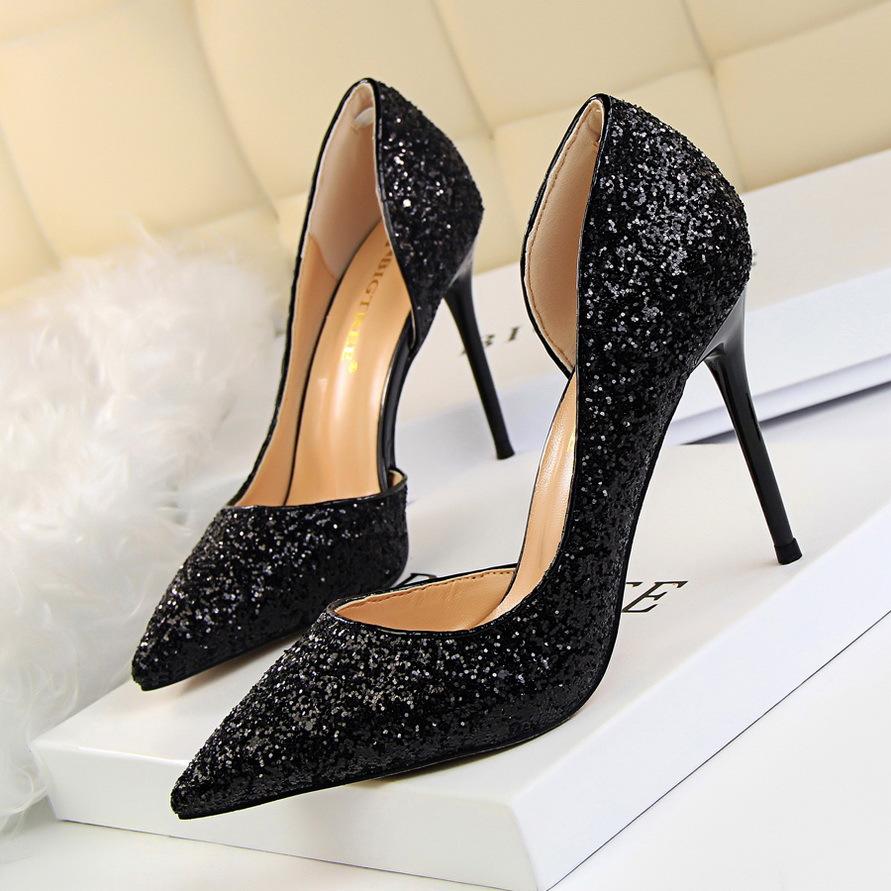 Sparkling stiletto high heels for women, an elegant footwear choice for dressy events.