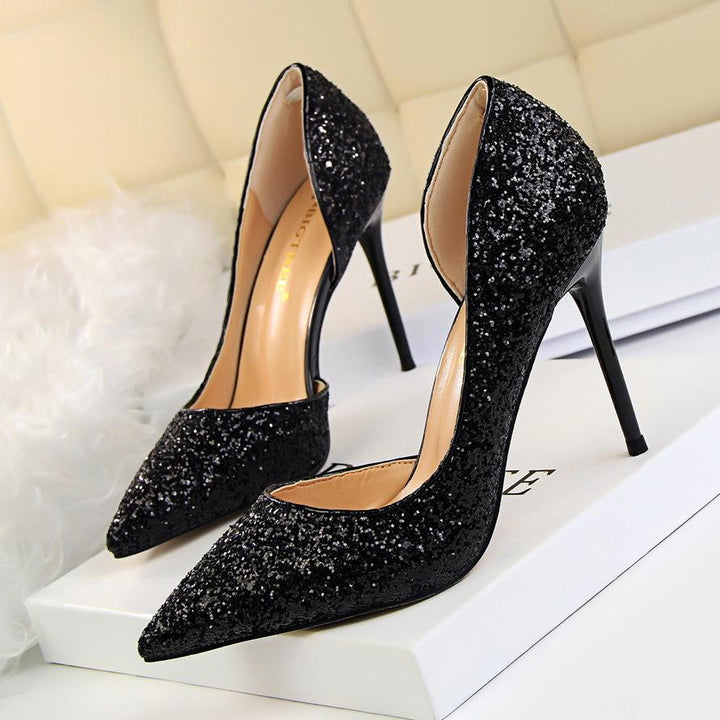 Sparkling stiletto high heels for women, an elegant footwear choice for dressy events.