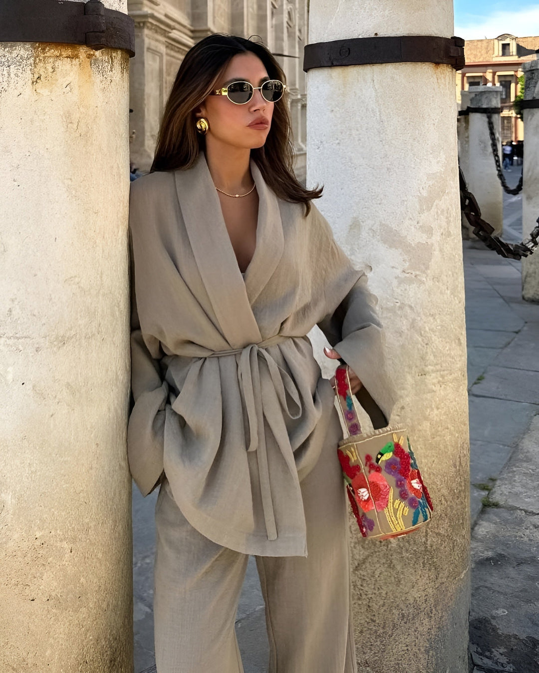 Modern women's flowing two-piece set, perfect for spring, summer, or autumn effortless style.