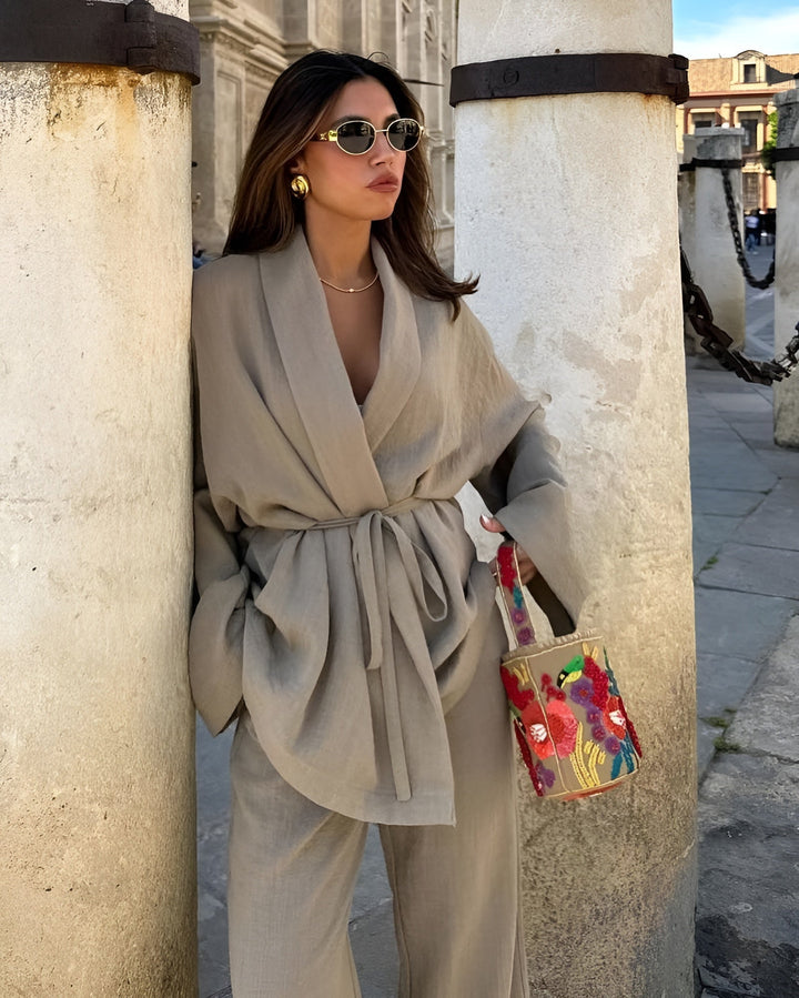 Modern women's flowing two-piece set, perfect for spring, summer, or autumn effortless style.