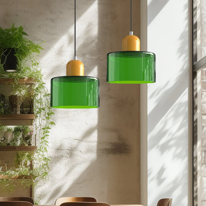 Modern retro glass pendant light, adjustable for warm, inviting home interior lighting.