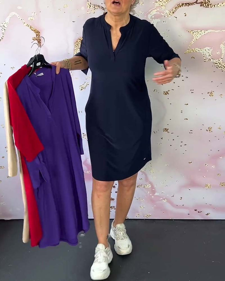 Plain V-neck midi dress for women, a comfortable and casual option for everyday wear.