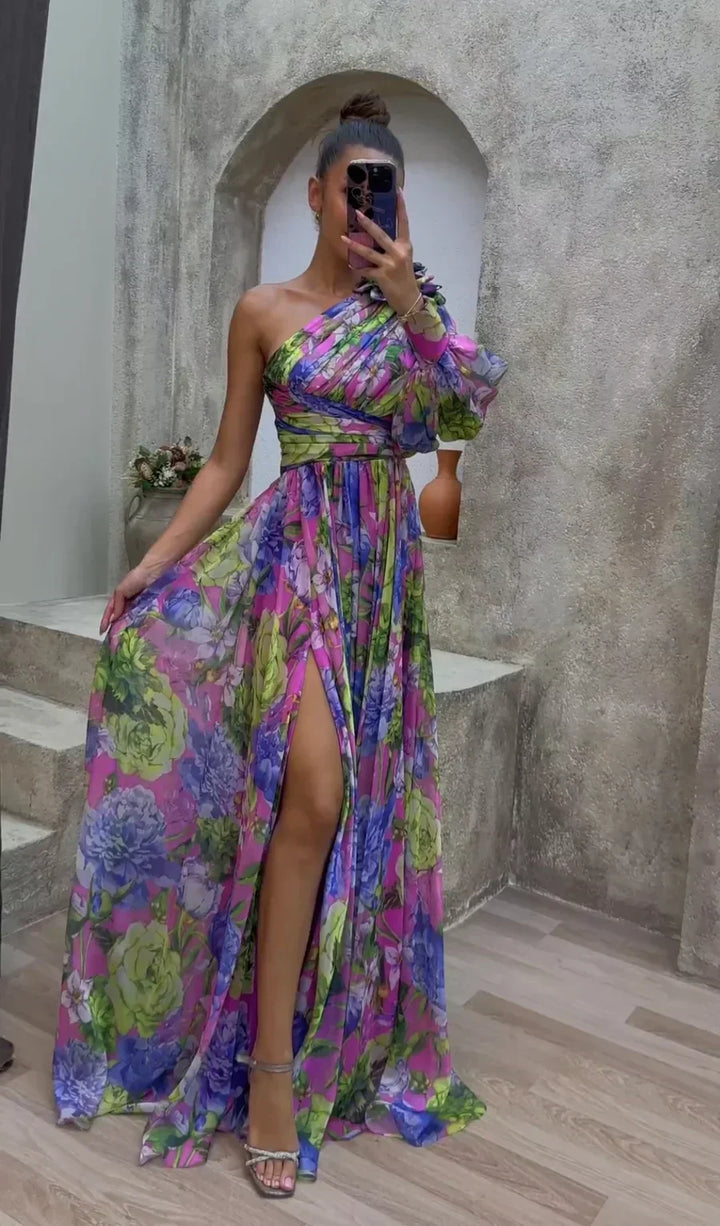 Elegant women's floral one-shoulder maxi dress with high split, perfect for summer parties & wedding guests.