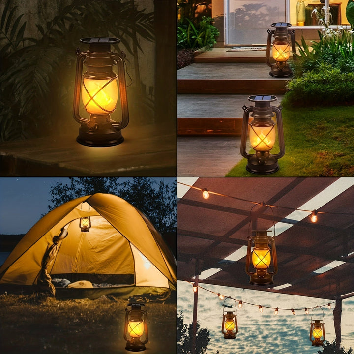 Glowing vintage solar lantern pair, casting a warm dancing LED flame light in a dark garden or patio.