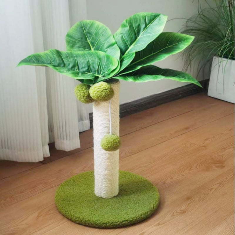 Sisal palm tree cat scratching post with interactive play balls; ideal pet toy for feline fun & furniture protection.