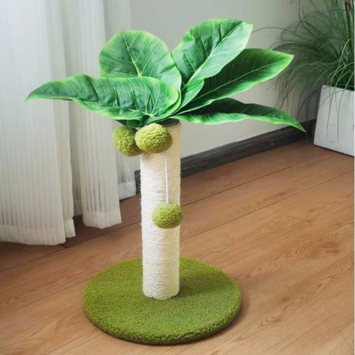 Sisal palm tree cat scratching post with interactive play balls; ideal pet toy for feline fun & furniture protection.