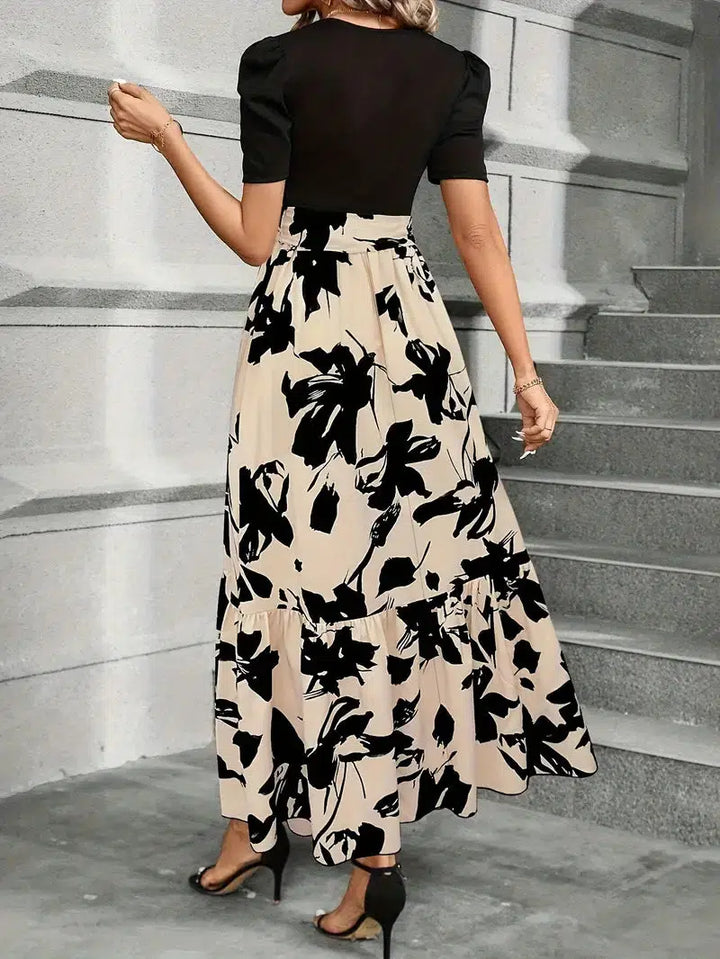 Elegant women's floral botanical print flowy maxi dress, ideal for summer parties and beach vacations.