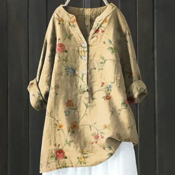 Lightweight women's floral long sleeve V-neck blouse, a loose fit summer top for elegant, comfortable wear.