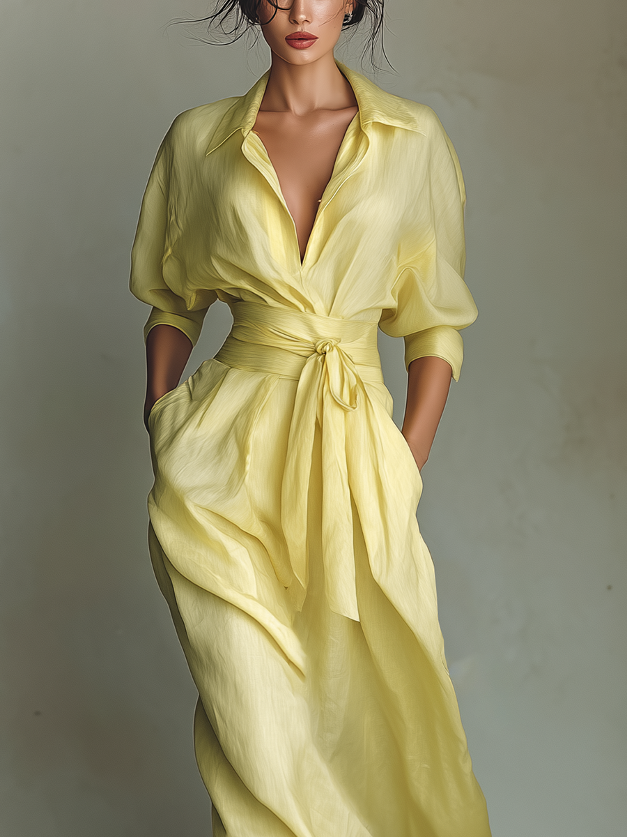 Chic yellow women's shirt maxi dress with tie belt, V-neck, and three-quarter sleeves. Perfect for spring elegance.