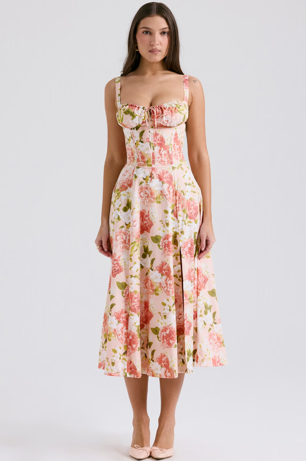 Women's sophisticated white floral midi dress, designed with a chic lace-up corset. Evening wear.