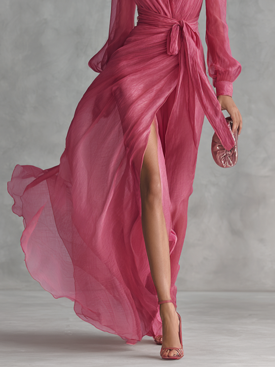 Chic women's pink maxi party dress with a flattering V-neck, ideal for wedding guests & evening events.